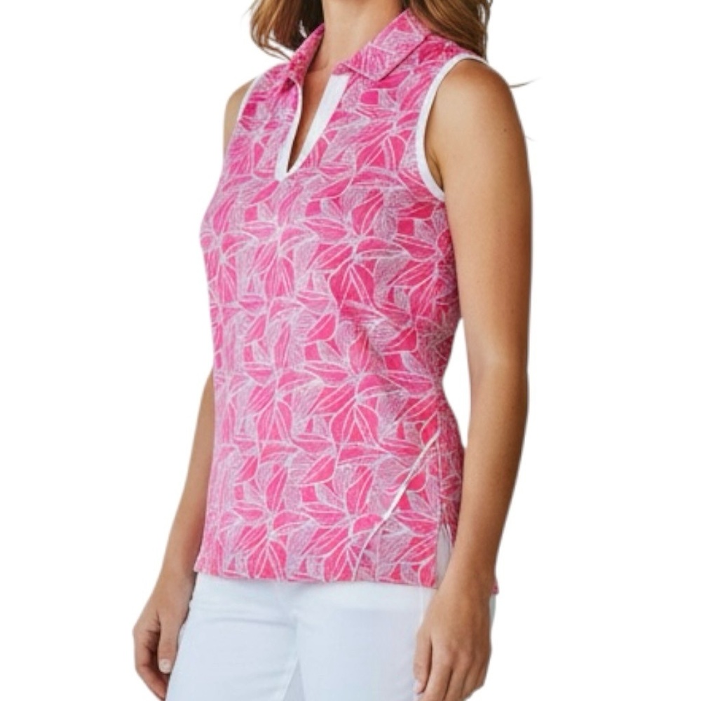 Pebble Beach Pink Leaf-Print Sleeveless Polo